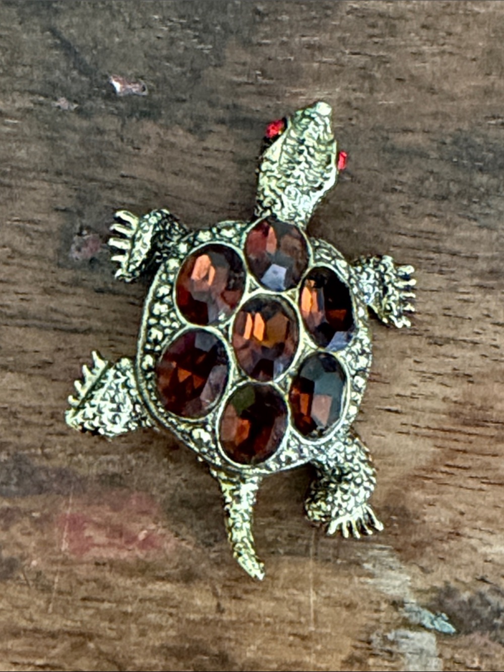 Vintage Gold Turtle Brooch with Amber Stones